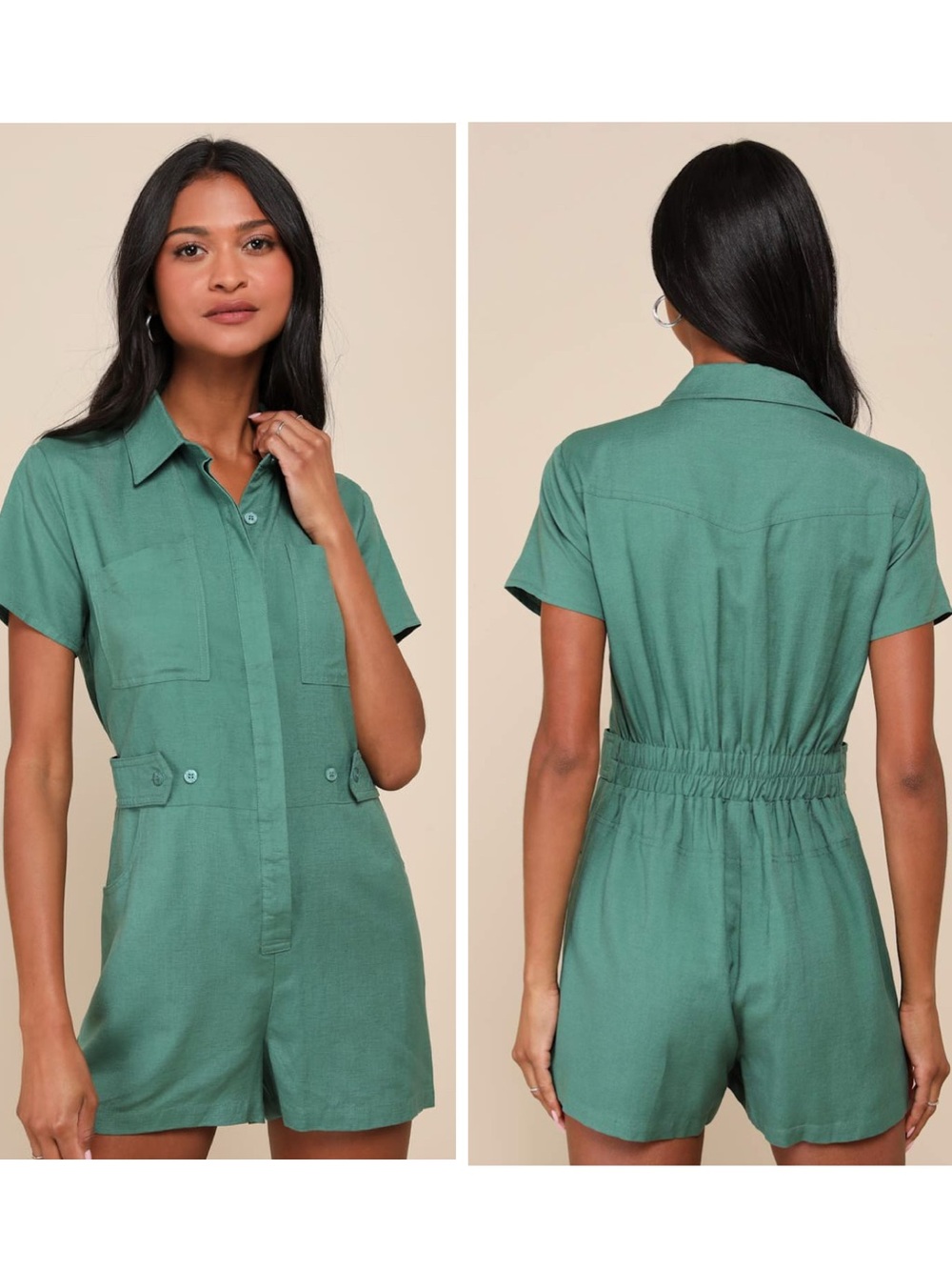 Lulus Cuteness Awaits Green Linen Collared Short Sleeve Romper Size Small NWT